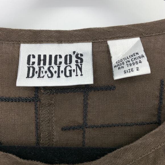 Chicos Shirt Jacket Womens Sz 2 US L Brown Linen Embroidered Line Design - Picture 5 of 5